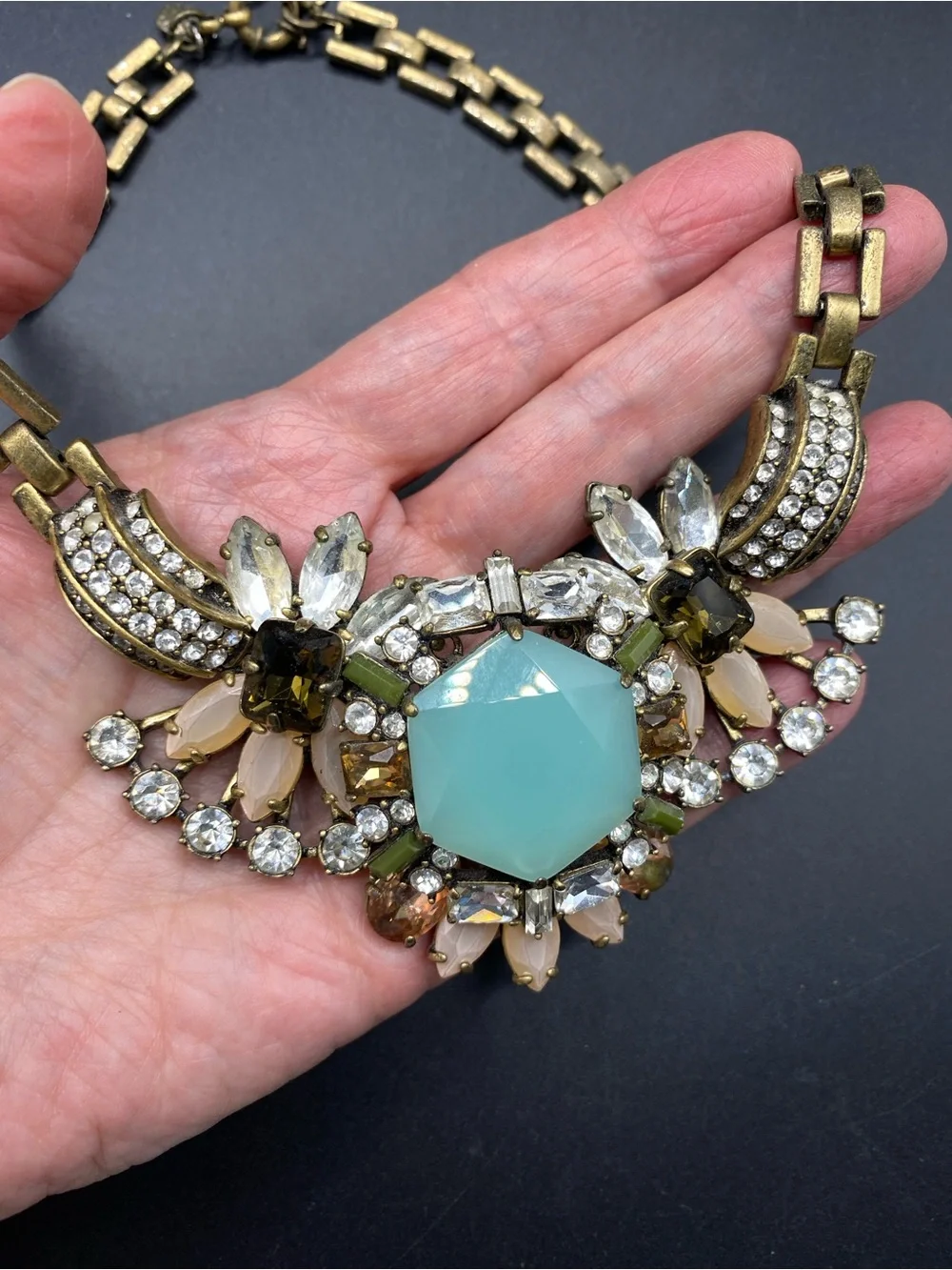J. CREW Antiqued Gold Chain Floral Crystal Rhinestone Light Blue Necklace